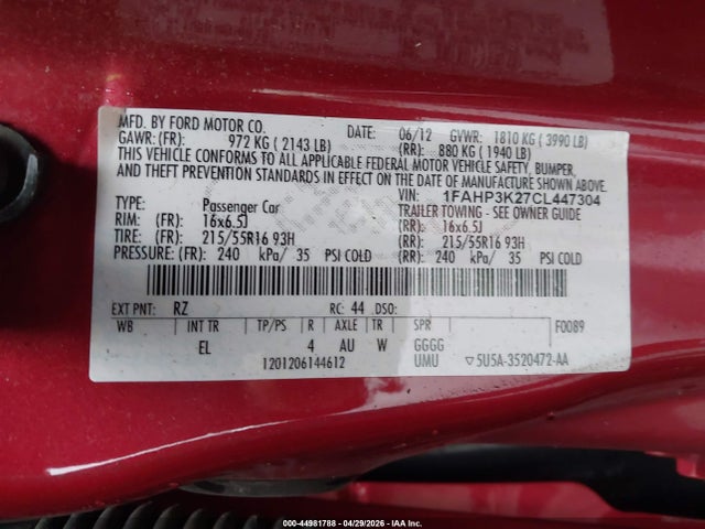 Aukcja sprzedaży 2012 Ford Focus Se, vin: 1FAHP3K27CL447304, numer aukcji: 44981788