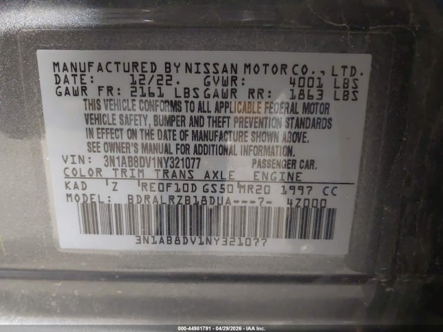 2022 Nissan Sentra Sr Xtronic Cvt მანქანა იყიდება აუქციონზე, vin: 3N1AB8DV1NY321077, აუქციონის ნომერი: 44981791