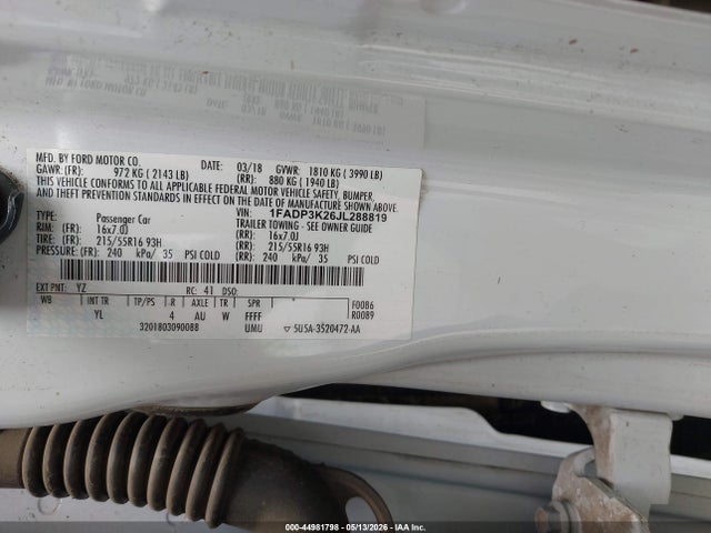 44981798 :رقم المزاد ، 1FADP3K26JL288819 vin ، 2018 Ford Focus Se مزاد بيع