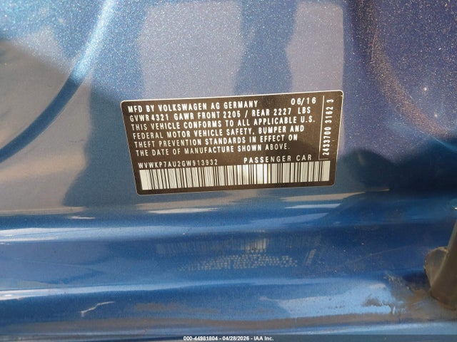 Продажа на аукционе авто 2016 Volkswagen E-golf Se, vin: WVWKP7AU2GW913932, номер лота: 44981804
