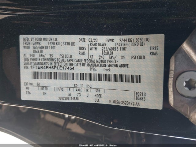 44981817 :رقم المزاد ، 1FTER4FH6PLE17454 vin ، 2023 Ford Ranger Xlt مزاد بيع