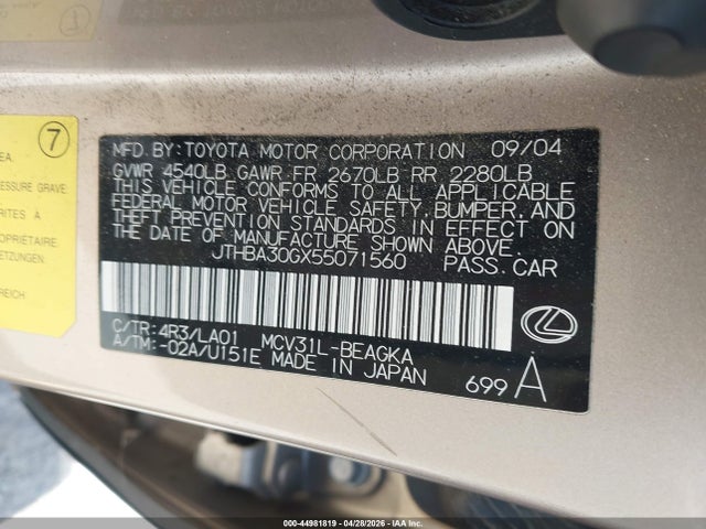 Aukcja sprzedaży 2005 Lexus Es 330, vin: JTHBA30GX55071560, numer aukcji: 44981819