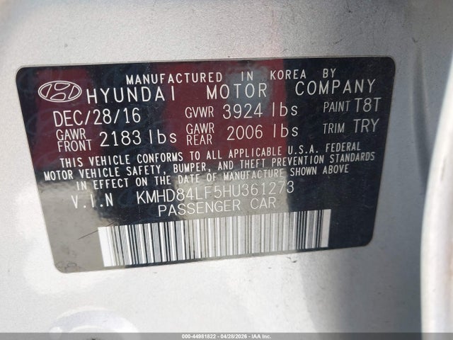 KMHD84LF5HU361273 Hyundai Elantra Value Edition