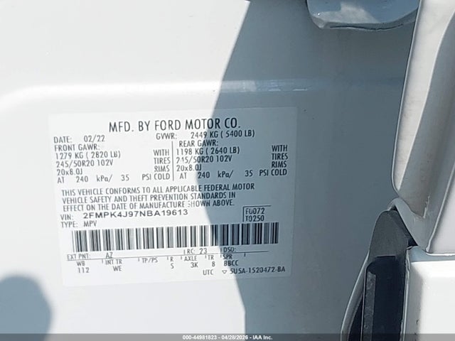 44981823 :رقم المزاد ، 2FMPK4J97NBA19613 vin ، 2022 Ford Edge St-line مزاد بيع