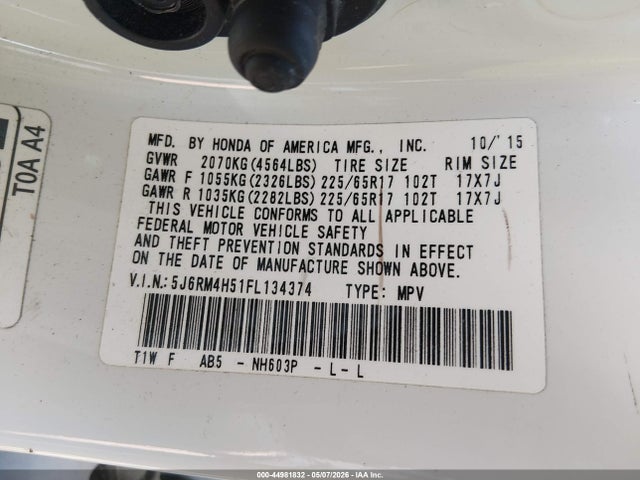 Продажа на аукционе авто 2015 Honda Cr-v Ex, vin: 5J6RM4H51FL134374, номер лота: 44981832