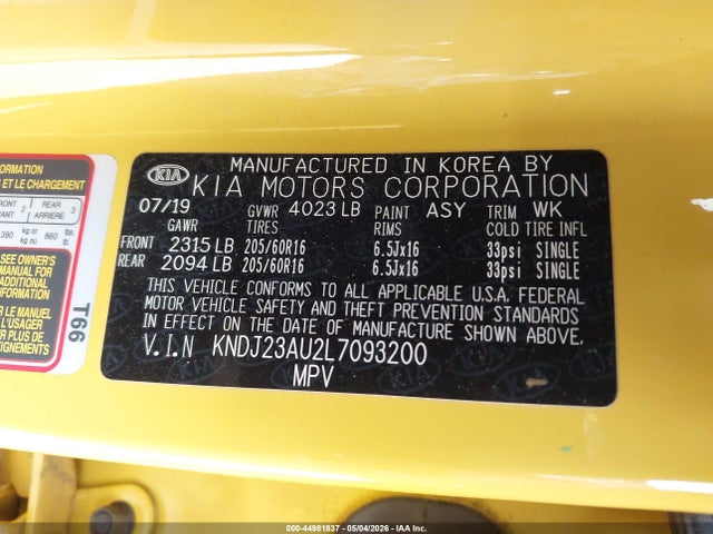 Aukcja sprzedaży 2020 Kia Soul S, vin: KNDJ23AU2L7093200, numer aukcji: 44981837