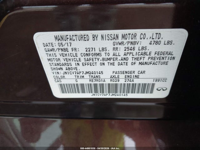 44981838 :رقم المزاد ، JN1CV7AP7JM240145 vin ، 2018 Infiniti Q50 2.0t Luxe مزاد بيع