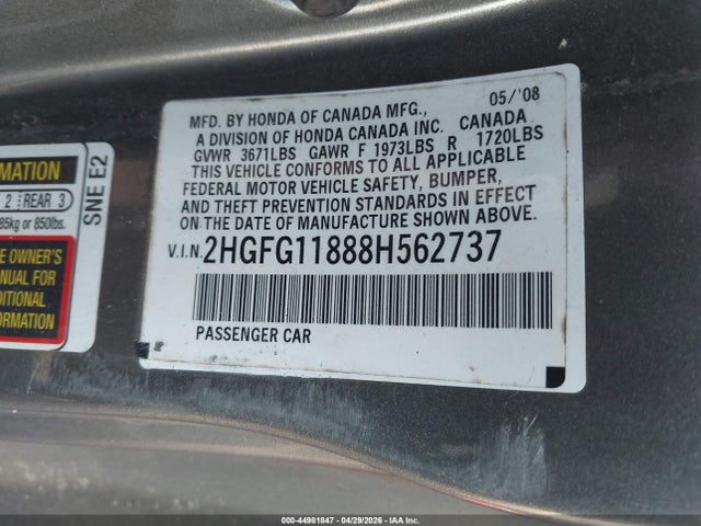 Aukcja sprzedaży 2008 Honda Civic Ex, vin: 2HGFG11888H562737, numer aukcji: 44981847