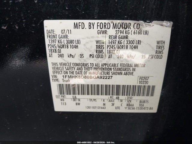 Продаж на аукціоні авто 2011 Ford Explorer Xlt, vin: 1FMHK8D80BGA92227, номер лоту: 44981852