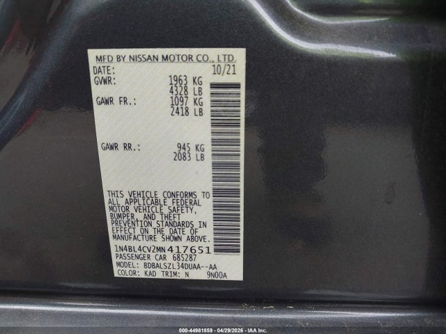 2021 Nissan Altima Sr Fwd მანქანა იყიდება აუქციონზე, vin: 1N4BL4CV2MN417651, აუქციონის ნომერი: 44981859