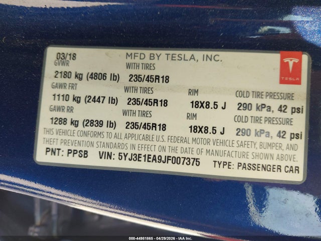 2018 Tesla Model 3 Long Range/mid Range მანქანა იყიდება აუქციონზე, vin: 5YJ3E1EA9JF007375, აუქციონის ნომერი: 44981865