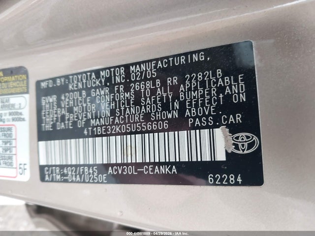 44981889 :رقم المزاد ، 4T1BE32K05U556606 vin ، 2005 Toyota Camry Le مزاد بيع