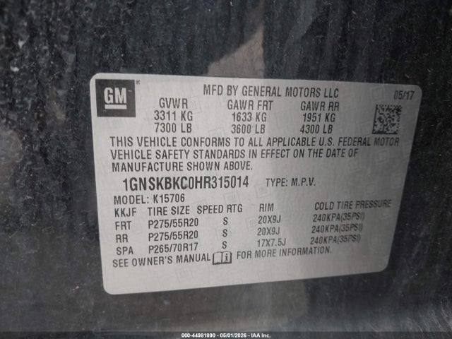 Chevrolet Tahoe Lt 2017 1GNSKBKC0HR315014 Image 9