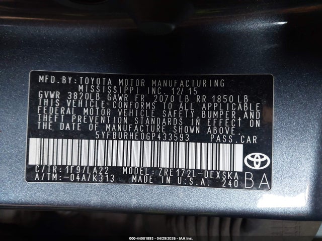 2016 Toyota Corolla S Premium მანქანა იყიდება აუქციონზე, vin: 5YFBURHE0GP433593, აუქციონის ნომერი: 44981893