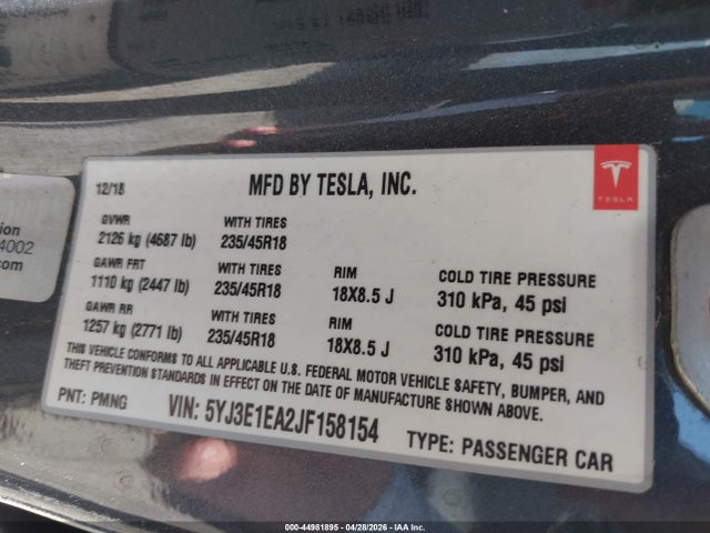 5YJ3E1EA2JF158154 Tesla Model 3 Long Range/mid Range