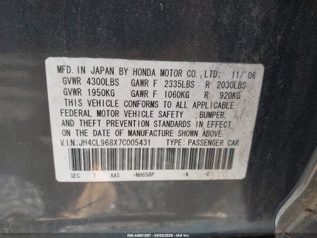 44981897 :رقم المزاد ، JH4CL968X7C005431 vin ، 2007 Acura Tsx مزاد بيع