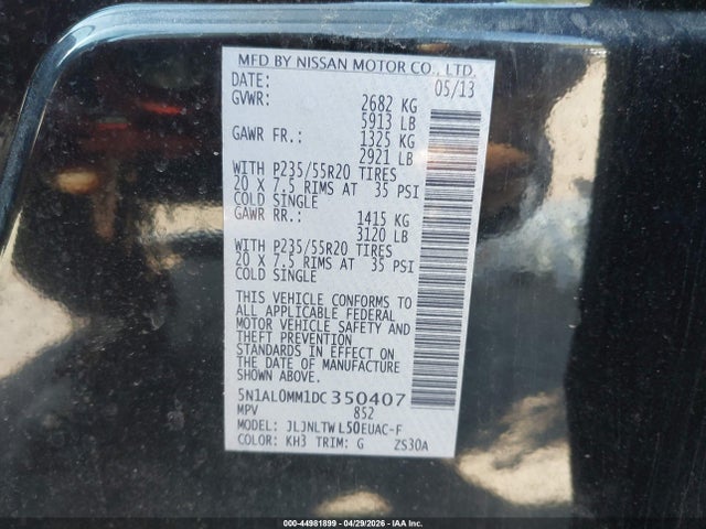 Продажа на аукционе авто 2013 Infiniti Jx35, vin: 5N1AL0MM1DC350407, номер лота: 44981899