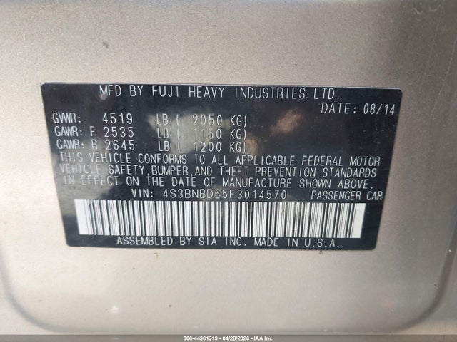 2015 Subaru Legacy 2.5i Premium მანქანა იყიდება აუქციონზე, vin: 4S3BNBD65F3014570, აუქციონის ნომერი: 44981919