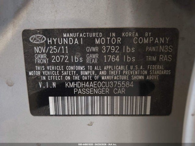 Продаж на аукціоні авто 2012 Hyundai Elantra Gls (ulsan Plant), vin: KMHDH4AE0CU375584, номер лоту: 44981920