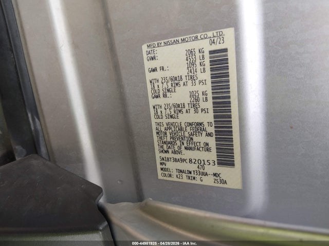 44981925 :رقم المزاد ، 5N1BT3BA9PC820153 vin ، 2023 Nissan Rogue Sv Fwd مزاد بيع