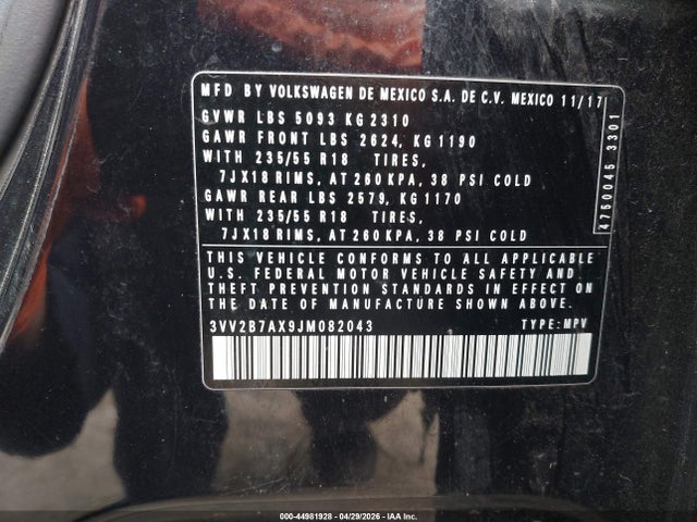 3VV2B7AX9JM082043 Volkswagen Tiguan 2.0t Se/2.0t Sel