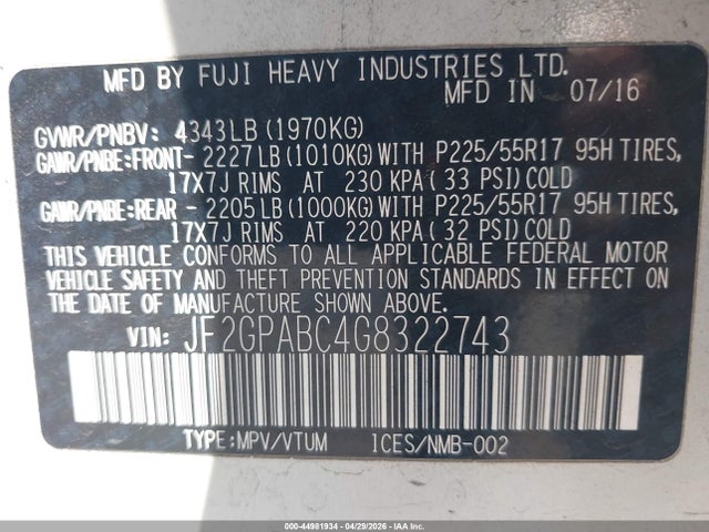 44981934 :رقم المزاد ، JF2GPABC4G8322743 vin ، 2016 Subaru Crosstrek 2.0i Premium مزاد بيع