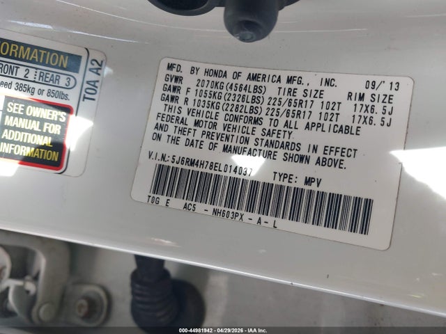 44981942 :رقم المزاد ، 5J6RM4H78EL014037 vin ، 2014 Honda Cr-v Ex-l مزاد بيع