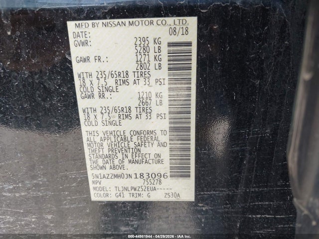 Продажа на аукционе авто 2018 Nissan Murano S, vin: 5N1AZ2MH0JN183096, номер лота: 44981944