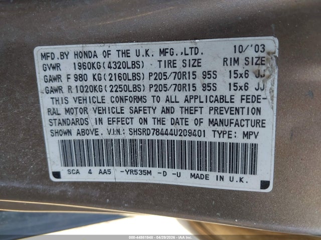 Aukcja sprzedaży 2004 Honda Cr-v Lx, vin: SHSRD78444U209401, numer aukcji: 44981948