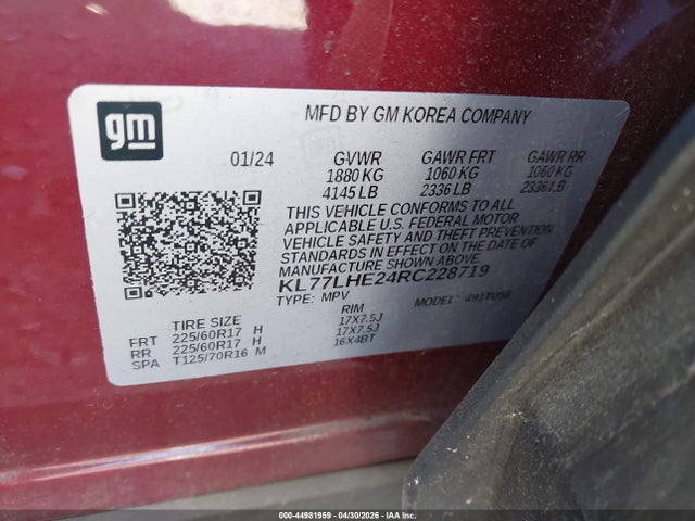 44981959 :رقم المزاد ، KL77LHE24RC228719 vin ، 2024 Chevrolet Trax Fwd Lt مزاد بيع