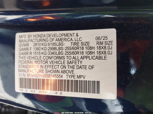 2025 Honda Pilot Ex-l მანქანა იყიდება აუქციონზე, vin: 5FNYG1H49SB145554, აუქციონის ნომერი: 44981966