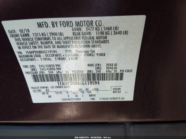 1FAHP2H88JG119594 Ford TAURUS SEL