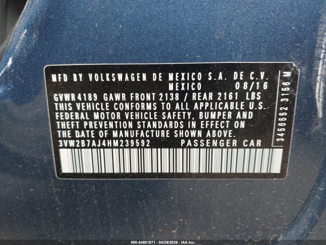 Продаж на аукціоні авто 2017 Volkswagen Jetta 1.4t S, vin: 3VW2B7AJ4HM239592, номер лоту: 44981971