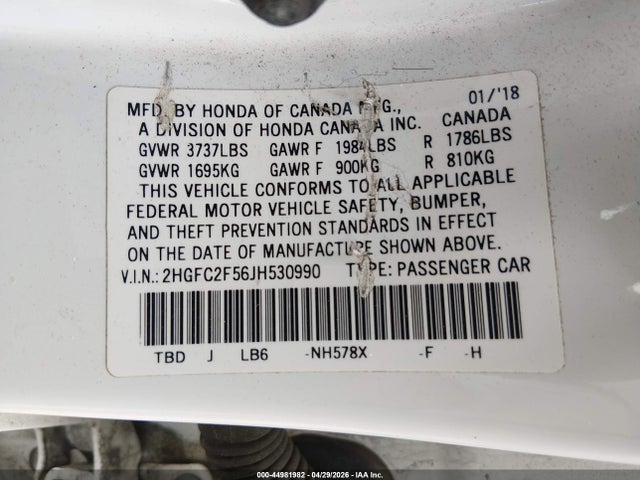 2018 Honda Civic Lx მანქანა იყიდება აუქციონზე, vin: 2HGFC2F56JH530990, აუქციონის ნომერი: 44981982