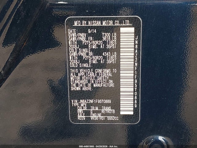 44981988 :رقم المزاد ، JN8AZ2NF1F9570889 vin ، 2015 Infiniti Qx80 مزاد بيع