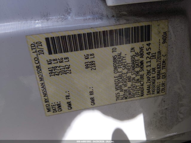 44981993 :رقم المزاد ، 1N4AL2AP2BC112454 vin ، 2011 Nissan Altima 2.5 S مزاد بيع