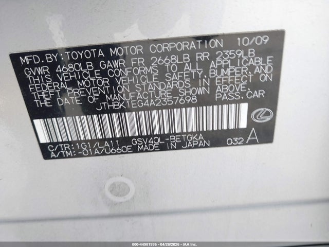Продажа на аукционе авто 2010 Lexus Es 350, vin: JTHBK1EG4A2357698, номер лота: 44981996
