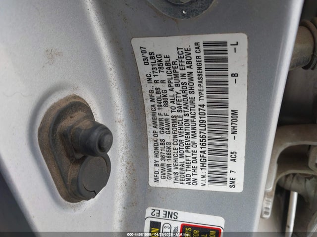 Aukcja sprzedaży 2007 Honda Civic Lx, vin: 1HGFA16567L091074, numer aukcji: 44981998