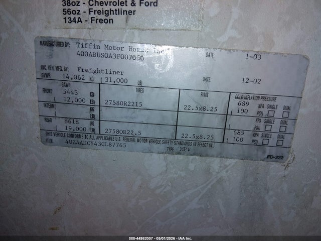 2003 Freightliner Chassis X Line Motor Home მანქანა იყიდება აუქციონზე, vin: 4UZAAHCY43CL87765, აუქციონის ნომერი: 44982007