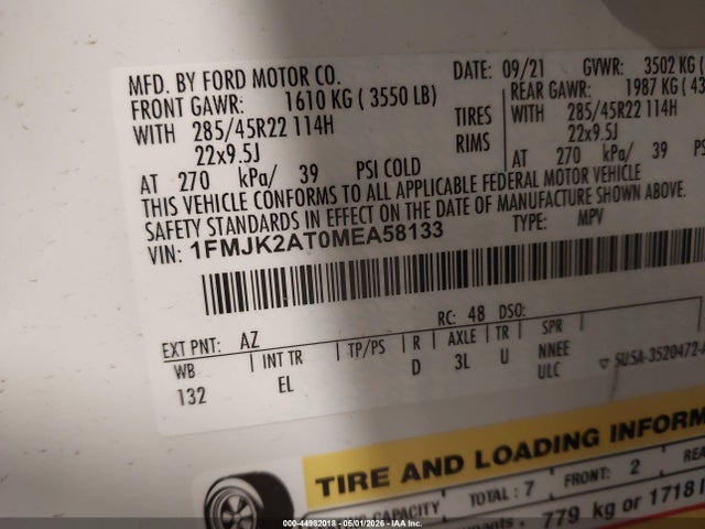 Aukcja sprzedaży 2021 Ford Expedition Limited Max, vin: 1FMJK2AT0MEA58133, numer aukcji: 44982018