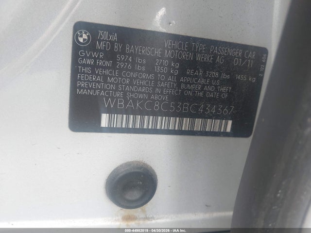 2011 Bmw 750li Xdrive მანქანა იყიდება აუქციონზე, vin: WBAKC8C53BC434367, აუქციონის ნომერი: 44982019