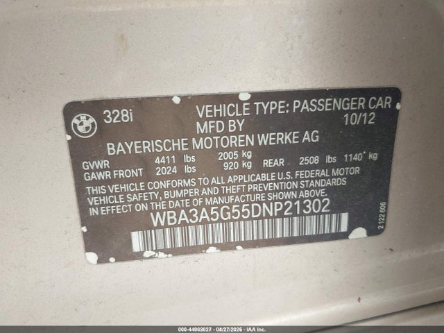 44982027 :رقم المزاد ، WBA3A5G55DNP21302 vin ، 2013 Bmw 328i مزاد بيع