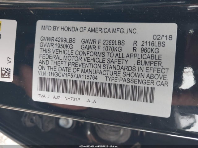 Auction sale of the 2018 Honda Accord Ex-l, vin: 1HGCV1F57JA115764, lot number: 44982038