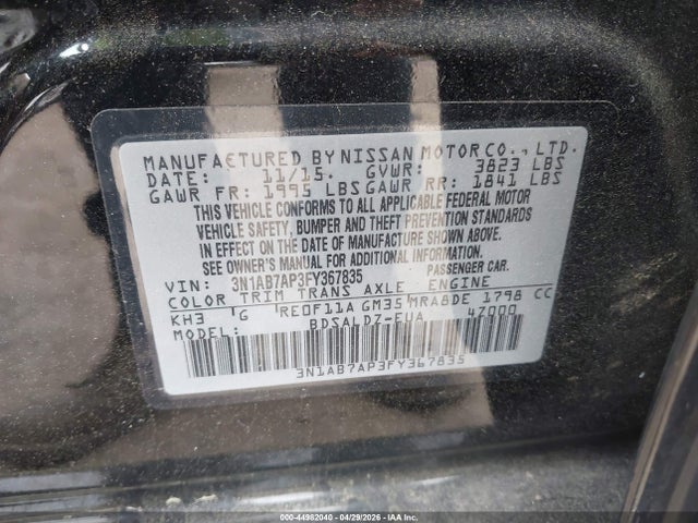 44982040 :رقم المزاد ، 3N1AB7AP3FY367835 vin ، 2015 Nissan Sentra Sv مزاد بيع