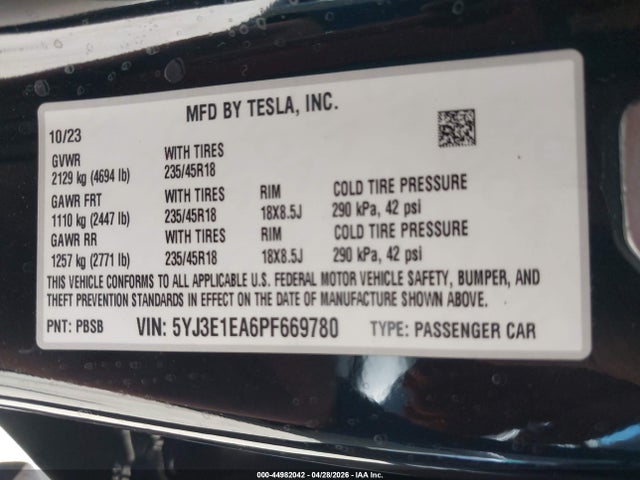 Tesla Model 3 Rear-wheel Drive 2023 5YJ3E1EA6PF669780 Image 9