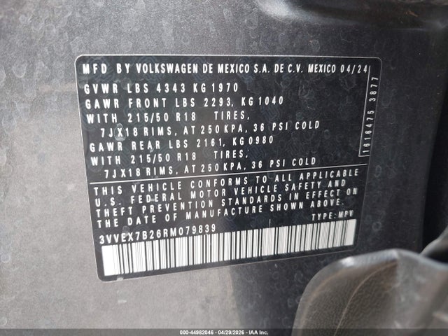 Aukcja sprzedaży 2024 Volkswagen Taos 1.5t Se, vin: 3VVEX7B26RM079839, numer aukcji: 44982046