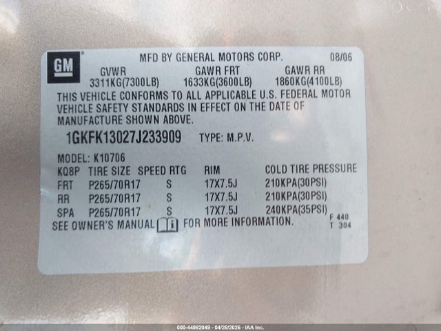 44982049 :رقم المزاد ، 1GKFK13027J233909 vin ، 2007 Gmc Yukon Slt مزاد بيع