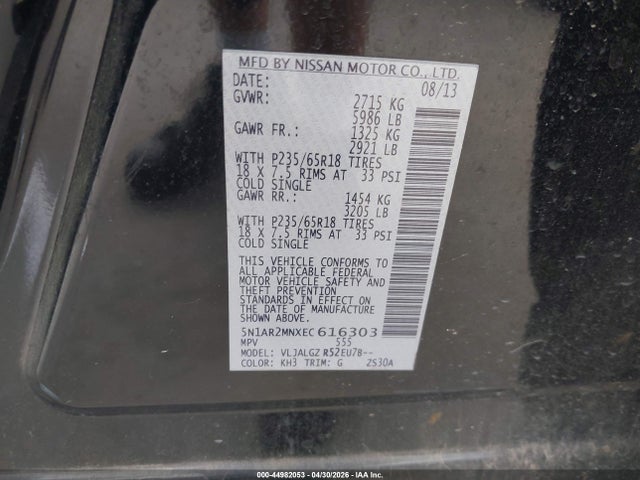 44982053 :رقم المزاد ، 5N1AR2MNXEC616303 vin ، 2014 Nissan Pathfinder Sl مزاد بيع