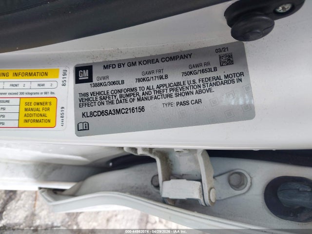 44982074 :رقم المزاد ، KL8CD6SA3MC216156 vin ، 2021 Chevrolet Spark Fwd 1lt Automatic مزاد بيع