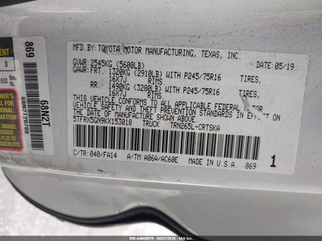 Продажа на аукционе авто 2019 Toyota Tacoma Sr, vin: 5TFRX5GN9KX153018, номер лота: 44982079